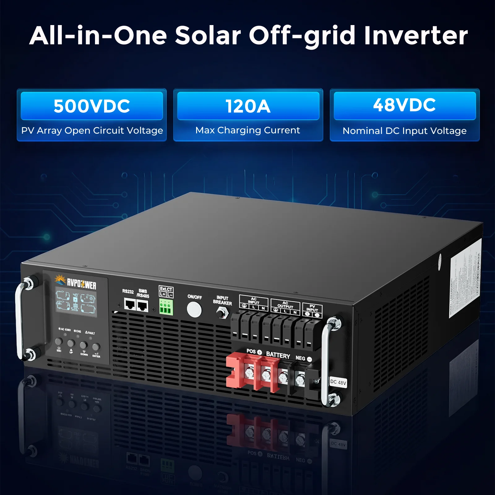 RVPOZWER 6200W Hybrid-Solarwechselrichter 220/230/240Vac Reine Sinuswelle Ausgestattet mit RS485-Schnittstelle für BMS-Kommunikation und RS232-Schnittstelle für Betriebsdatenüberwachung LCD-Display