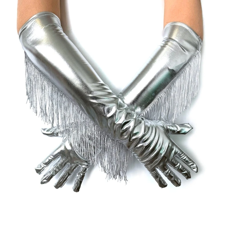 50LE Silver Glittering Gloves Elbow Length Armwear with Tassels For Dancing Party