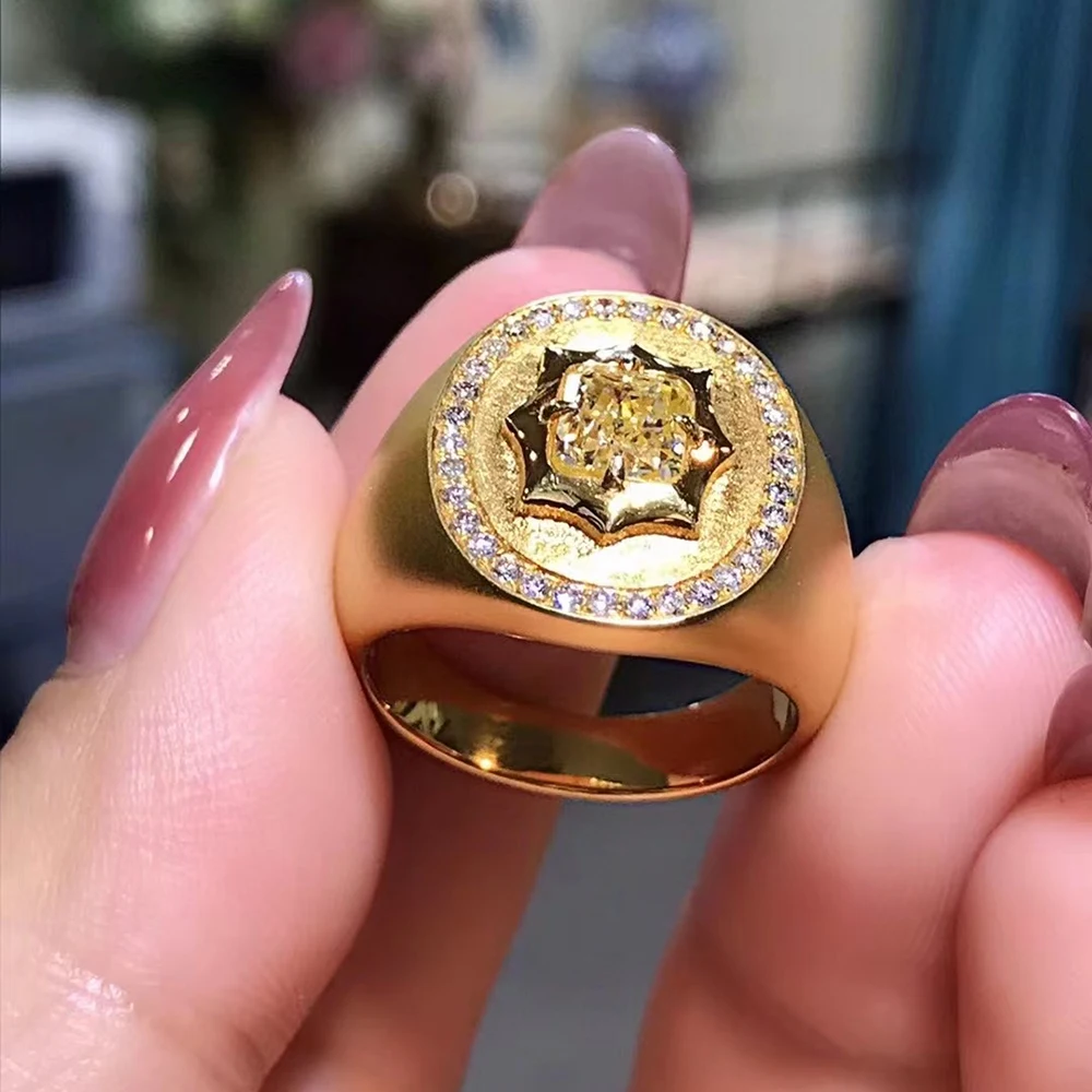 18K Au750 Cincin Emas Kuning 1.28 Karat Alam Berlian Kuning dan Berlian Putih Cincin Berlian Pesta Pernikahan Ulang Tahun Pertunangan R