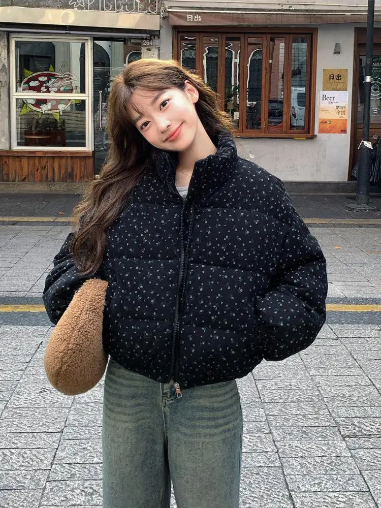 

Корейское ретро цветочное с длинными рукавами для отпуска, короткое пуховое хлопковое пальто, женская модная теплая повседневная универсальная куртка на молнии, зимняя уличная куртка