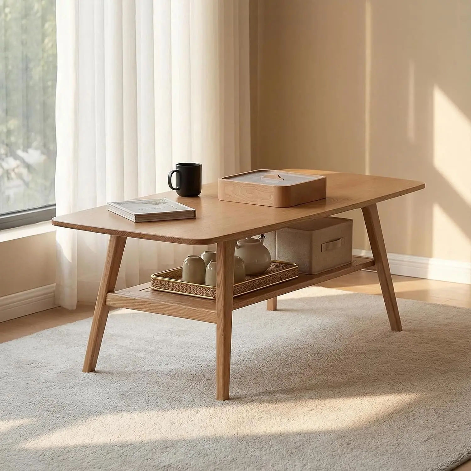 

Mid Century Modern Coffee Table: 100% Solid Wood Coffee Table - 2-Tier Storage Design - Practical Coffee Tables, Customized