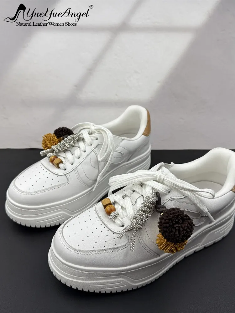 Spring Women Genuine Leather Sneakers Tassel Solid Color Platform Pumps Lace Up Round Toe Casual Height Increasing Walking Shoes