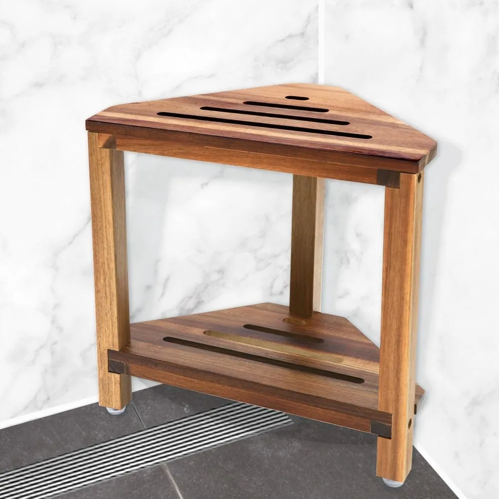 

Corner Shower Stool with Storage Shelf Foot Rest Seat Bench for Shaving Legs Acacia Wood