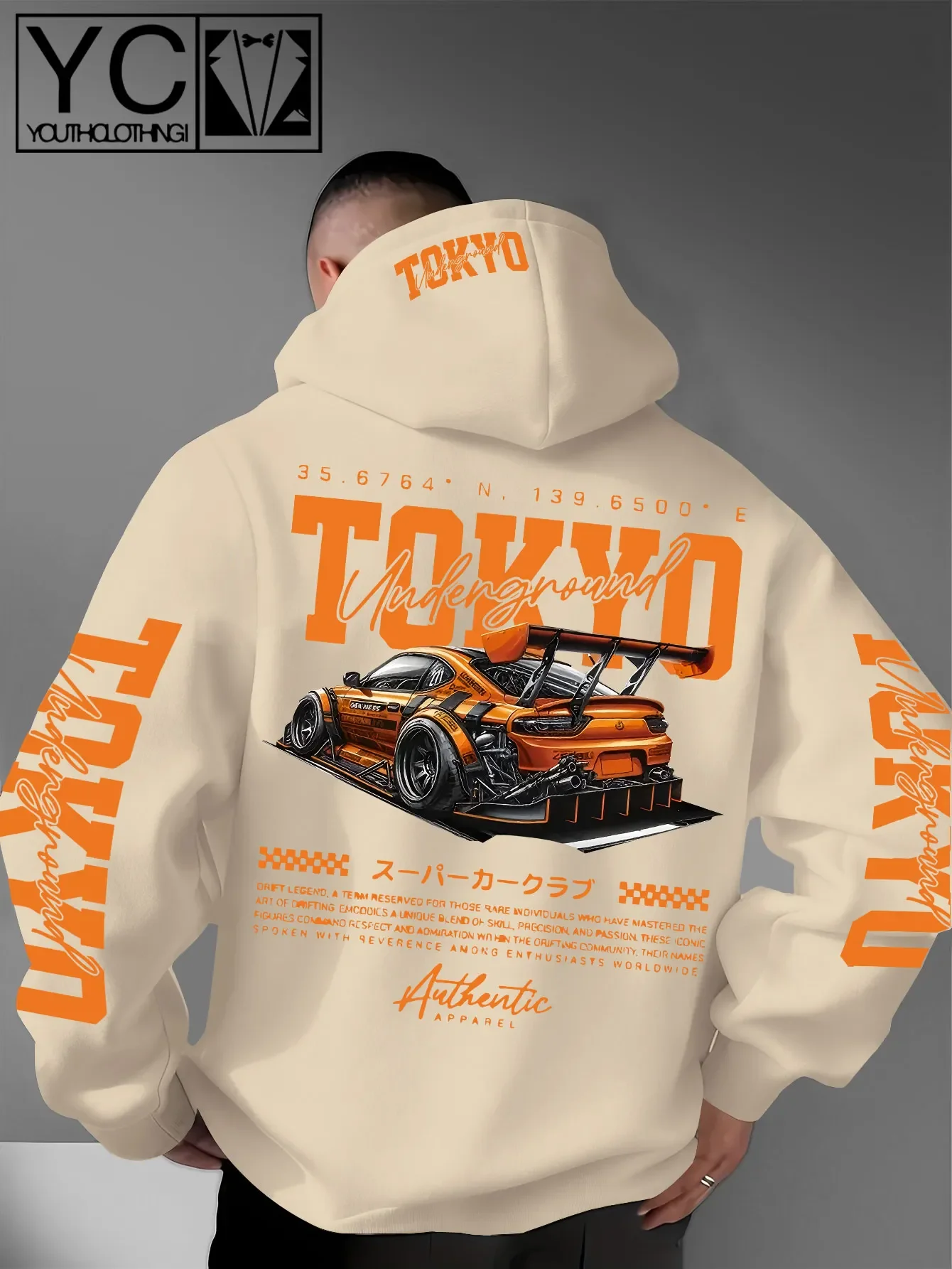 Men's Double-Sided Street Racing Style TOKYO Orange Modified Sports Car Pattern Print Hooded Sweatshirt, Exclusive Street-Style
