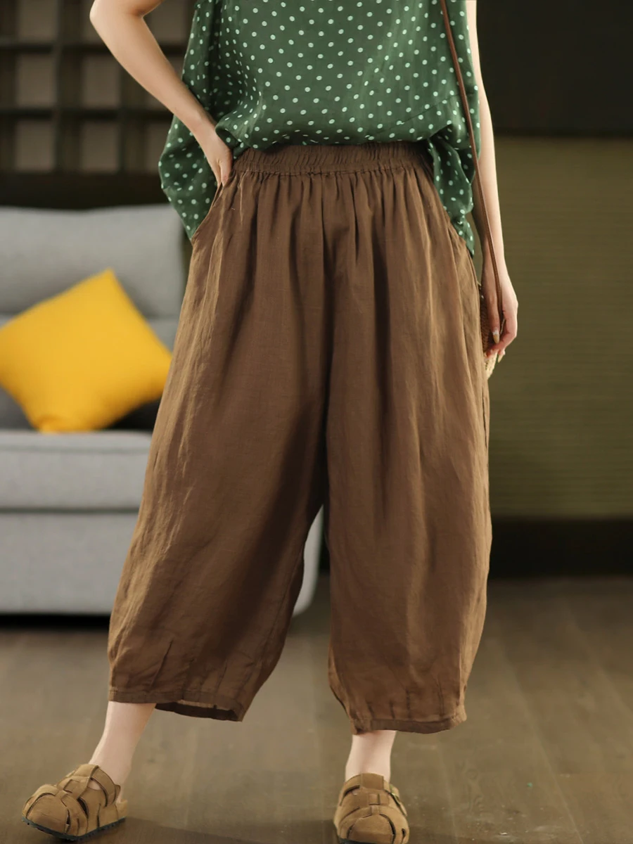 

Ретро-брюки из 100% конопли с эластичным поясом, свободного кроя, укороченные, удобные повседневные брюки из конопли для женщин