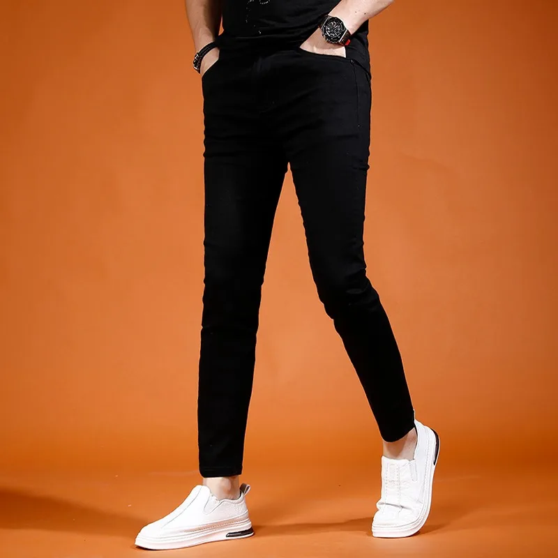 

Summer Black Ankle-Length Pants Men Lightweight Jeans Streetwear Casual Solid Color Slim Fit Denim Trousers