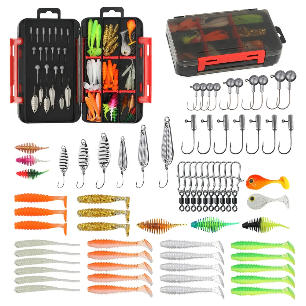 

75pcs/35pcs Fishing Lures Kit With Jig Heads Hooks Soft Worm Bait Suitable for Saltwater Freshwater