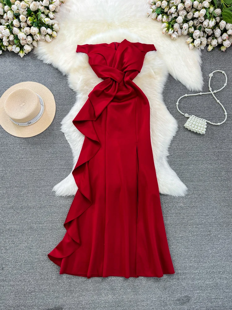 Spring Long White Dress for Women Wedding Female Formal Traf Party Evening Slash Neck Slim Elegant Irregular Ruffle Stitching