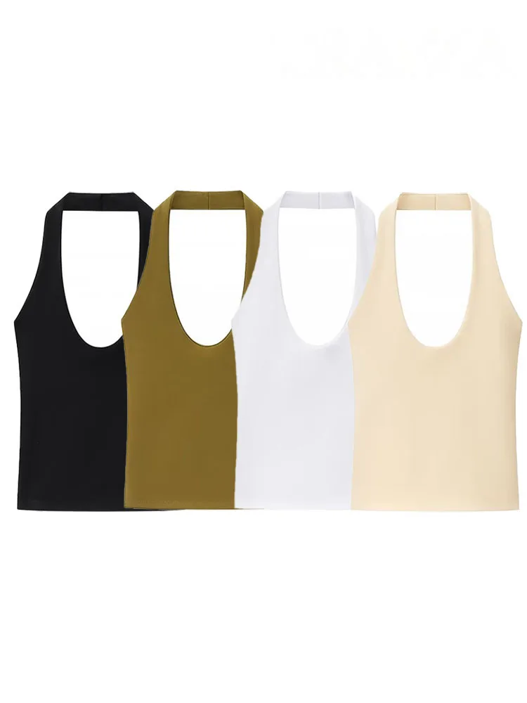 

HH Summer Women's New Fashion Tops Solid Halter Neck Sleeveless Backless Cubic Top Female Sexy Slim Short Top 4 Color