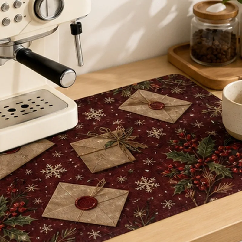 VIKAMA Diatomite Drying Mat Quick Dry Non-Slip Heat Resistant Easy to Clean Coffee Machine Mat Holly Berries Snowflakes