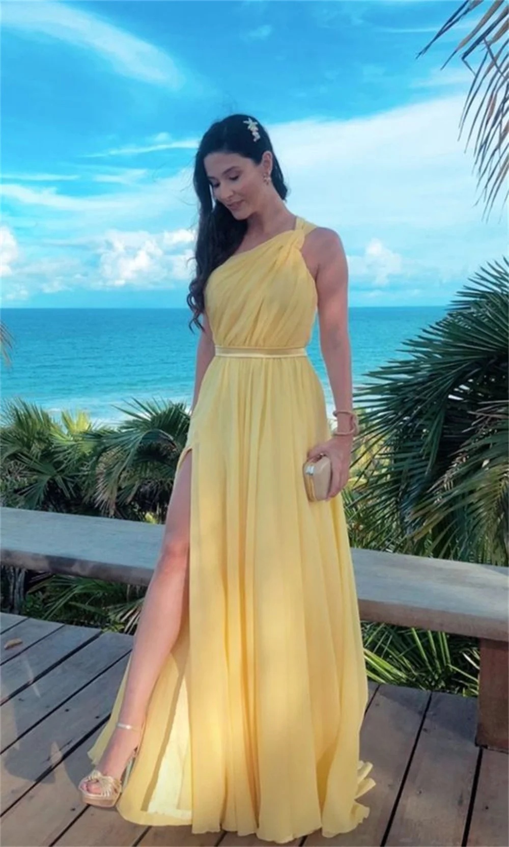 Amanda Light Yellow Vestidos De Noche Seaside One Shoulder Prom Dress Elegant Silk Chiffon Side Split فساتين مناسبة رسمية