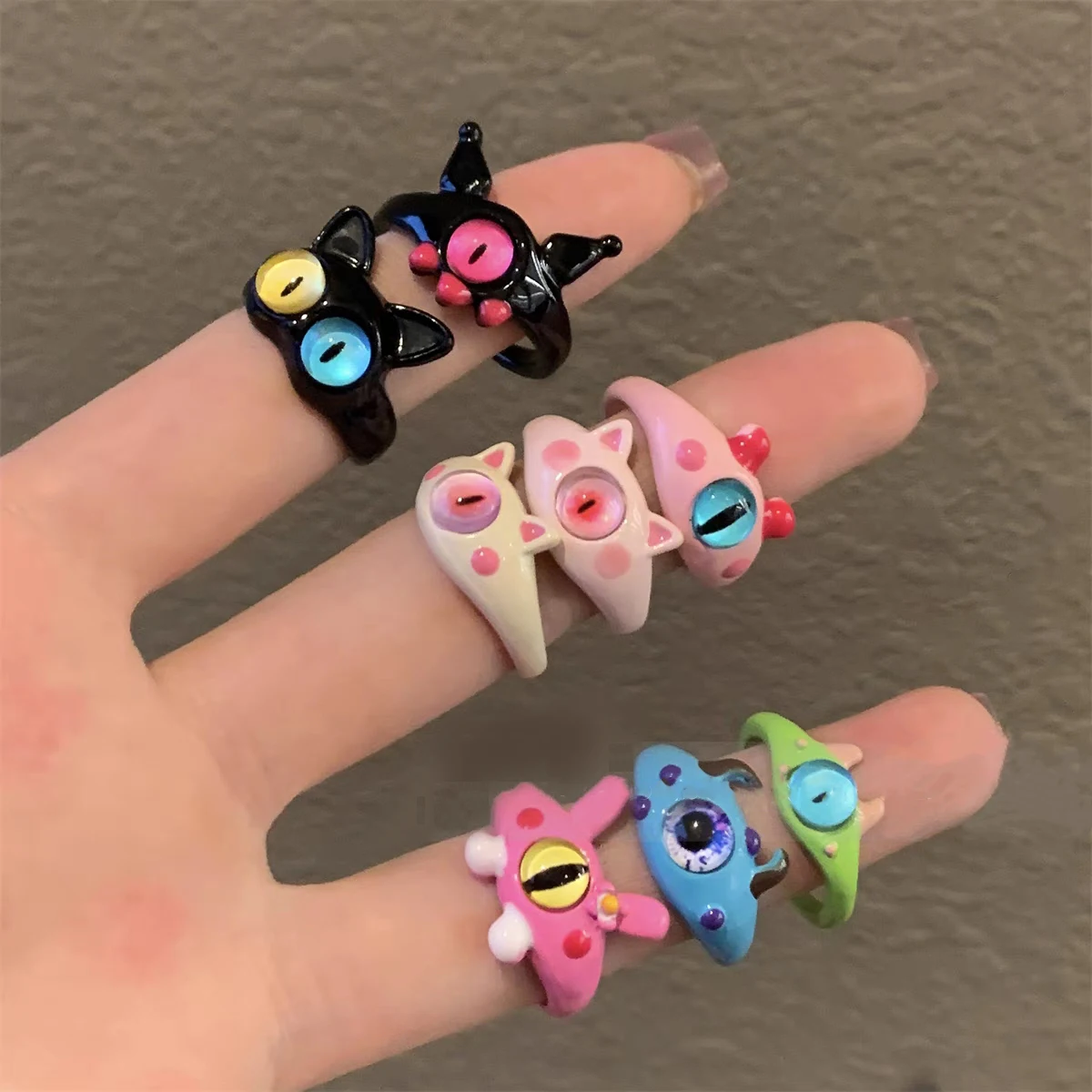 Cute Monster Eyes Ring Cartoon Pink Cat Evil Eye Opening Rings Harajuku Unique Little Devil Eyes Ring Finger Jewelry Party Gifts