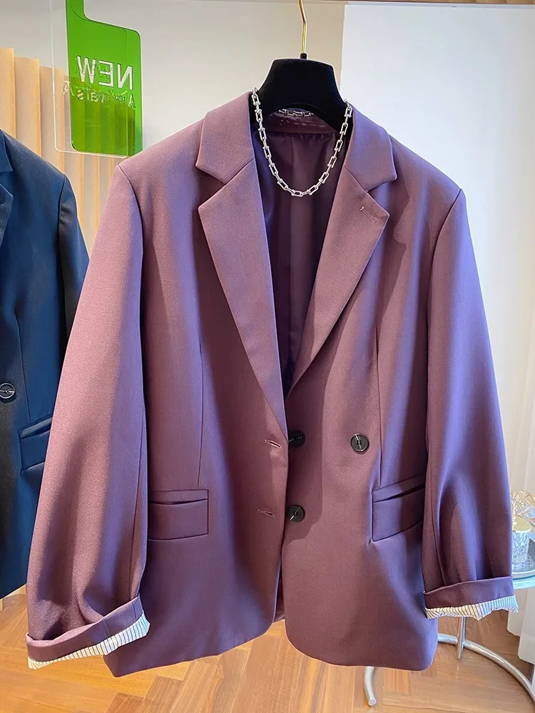 

plus Size Women's Korean Style Purple Suit Jacket Autumn Winter Loose Fit Slimming Outerwear Casual Long Sleeve Button up