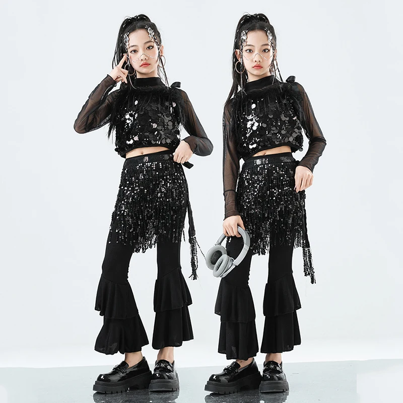 Roupa de palco infantil para dança de jazz, colete preto com lantejoulas, calças largas, fantasia de performance de passarela, roupas de dança de rua kpop 3281