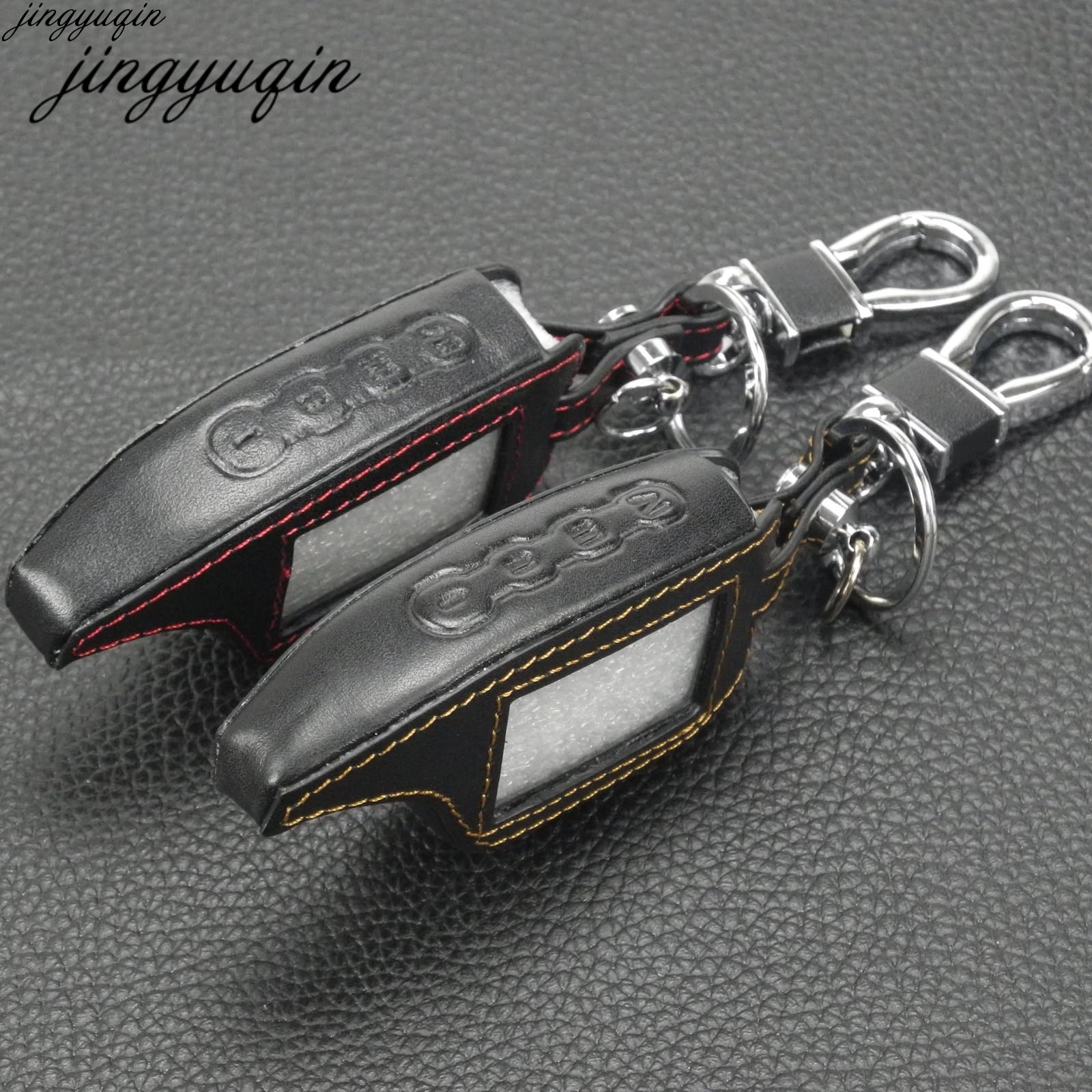 

Jingyuqin Leather Car Key Case For Scher-Khan Magicar 5 6 Two Way Car Alarm LCD Keychain Bag Remote Control Protector Cover