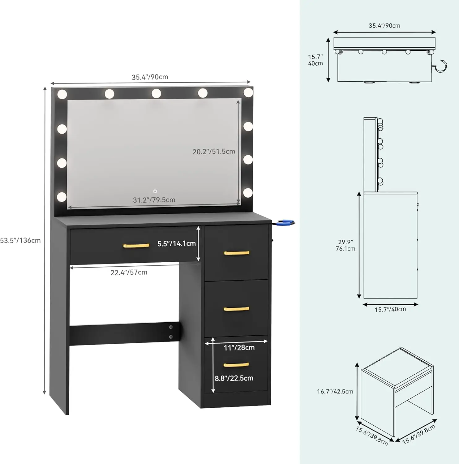 Lighted Mirror Makeup Vanity Desk with Power Outlets, Storage Drawers, and Stool