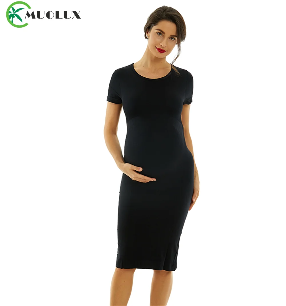 MUOLUX Women Seamless Shapewear Crew-neck Crochet Short Sleeves Apron Seamless Casual Pregnant Outerwear Maternity Shoot Dresses