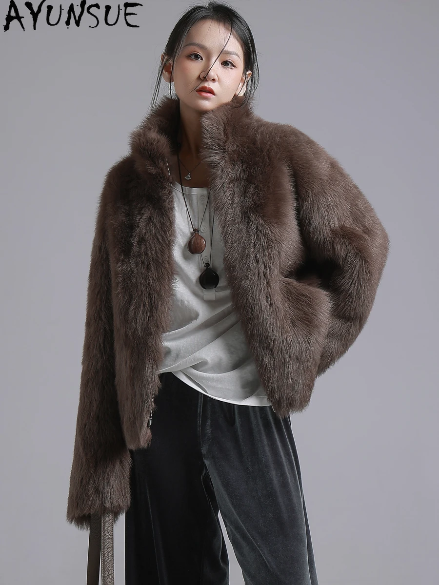 معطف فرو من جلد الغنم الطبيعي من AYUNSUE للنساء جاكيت من الجلد الحقيقي سترات شتوية ملابس فاخرة للسيدات بياقة واقفة Schumbu Жеenca