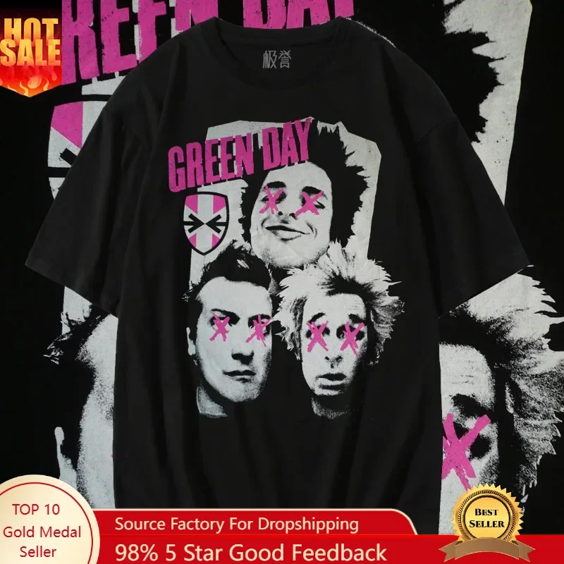 

2025 Men Women Short Sleeve Green Day Punk T-shirt American Retro Rock Style Ins Trend Pure Cotton Short Sleeve
