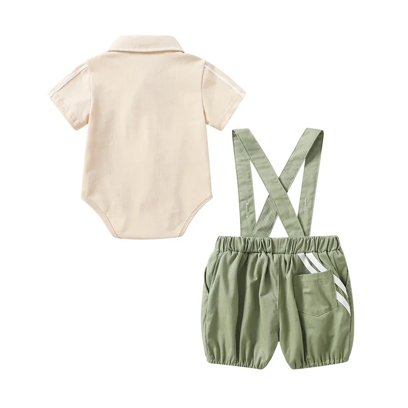 Korean Style New Summer Clothes for Kids Boy Sets Short Sleeves Turn-down Collar Bodysuit+Green Overalls Children Outfits