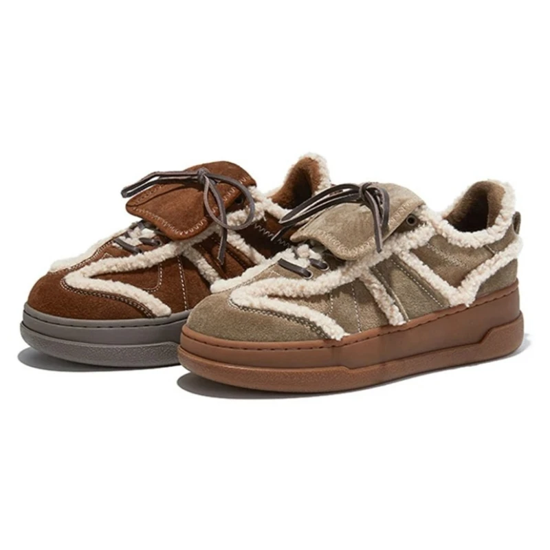 

High Quality Genuine Leather Winter Women Sneakers Comfort Fleece-lined Flats Derby Shoes Retro Round Toe Lace-up Designer Shoes