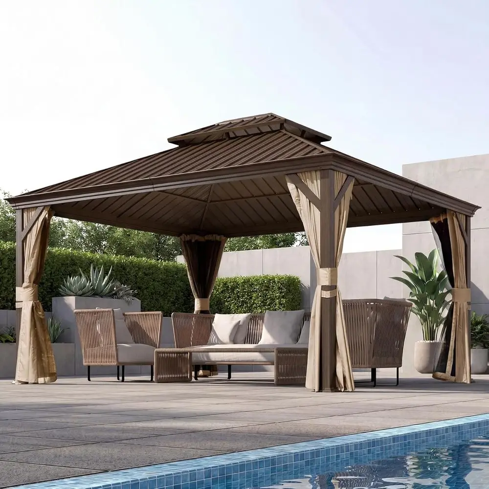 

Domi 10x12 Outdoor Gazebo, Hardtop Gazebo with e, Heavy Duty Pavilion Gazebo or Patio Deck Backyard, Curtain and Netting Include