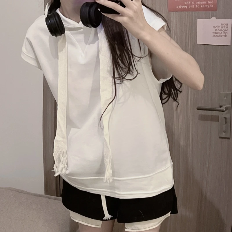 

Women's Summer Hooded Pullover Solid Bandage Drawstring Sleeveless Hoodies Vest T-shirt Office Lady Vintage Preppy Style Tops
