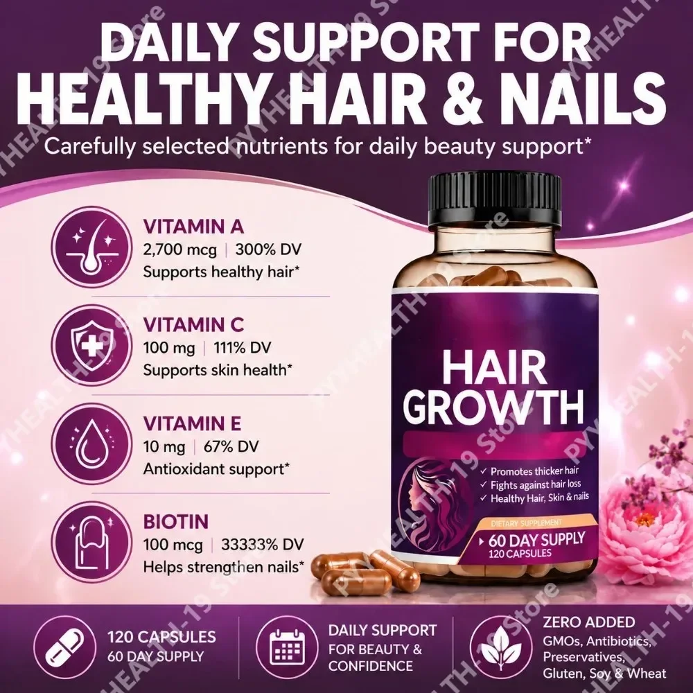 Hair Growth Capsules with 10,000 mcg Biotin & Collagen, 120 Count, Promotes Thicker Hair, Supports Healthy Hair, Skin & Nails