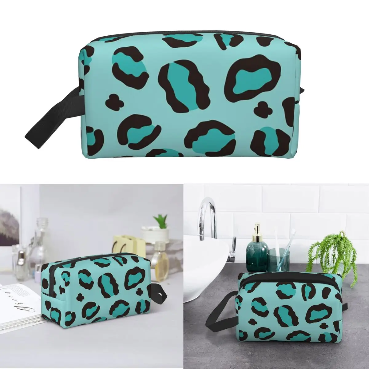 Cool Turquoise Blue Leopard Print Cheetah Makeup Bag Cosmetic Organizer Storage Dopp Kit Toiletry Cosmetic Bag for Women Beauty