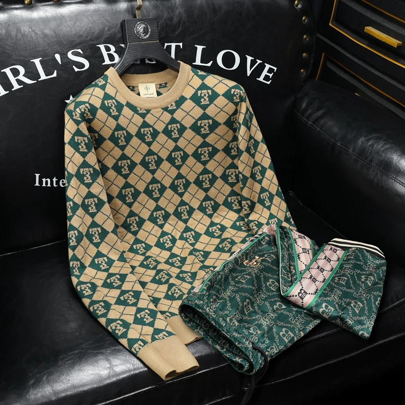 

Модный круглый трикотажный свитер, мужской повседневный комплект спортивной одежды, осенние новые длинные брюки для отдыха для подростков