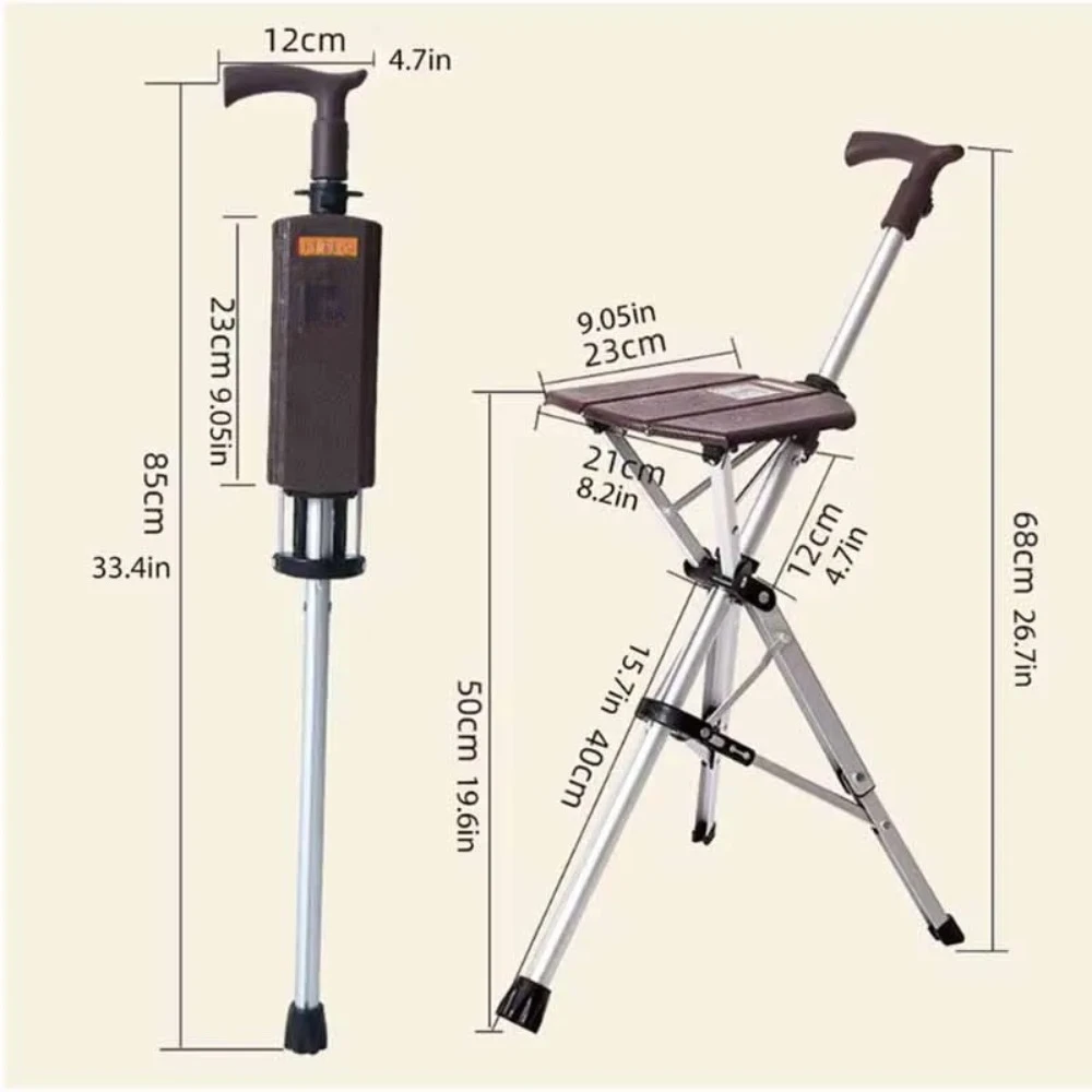 2in1 Walking Stick with Seat Folding Cane Stool Walking Cane Chair for Elderly Portable Mobility Aid with One-Button Open/Close