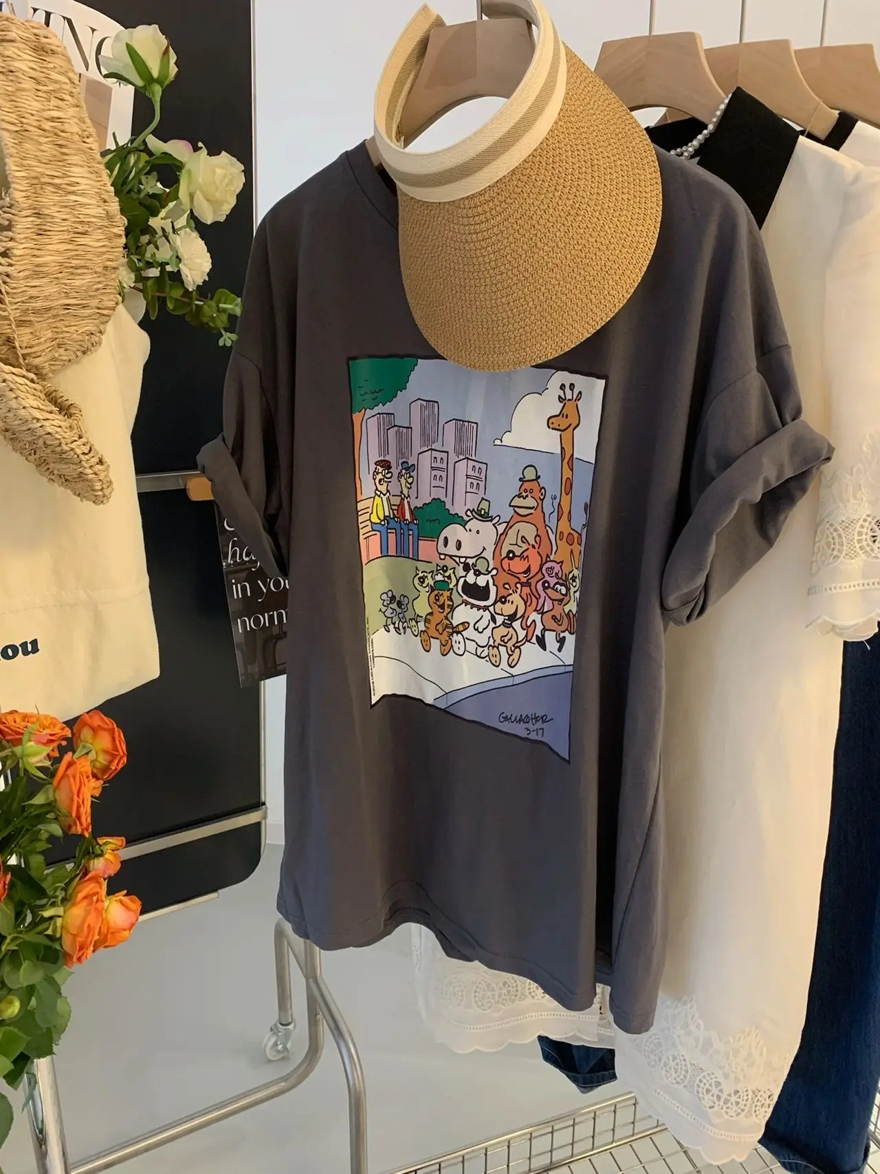 

Pure Cotton ort Sve T-irt Women Summer Design Printed Loose Student Chic Hong Kong Sle oulder Top round Ne Korea...