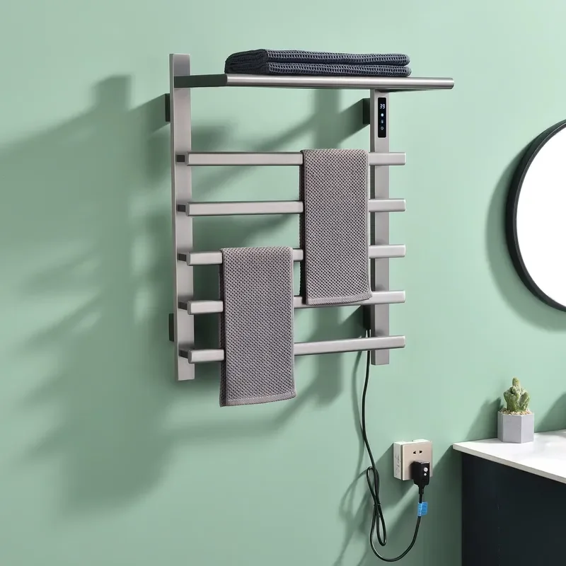 Brushed Gunmeatl Grey 55x63.7cm Heated Towel Rack with Towel Shelf Bathroom Waterproof 304 Stainless Steel Electric Towel