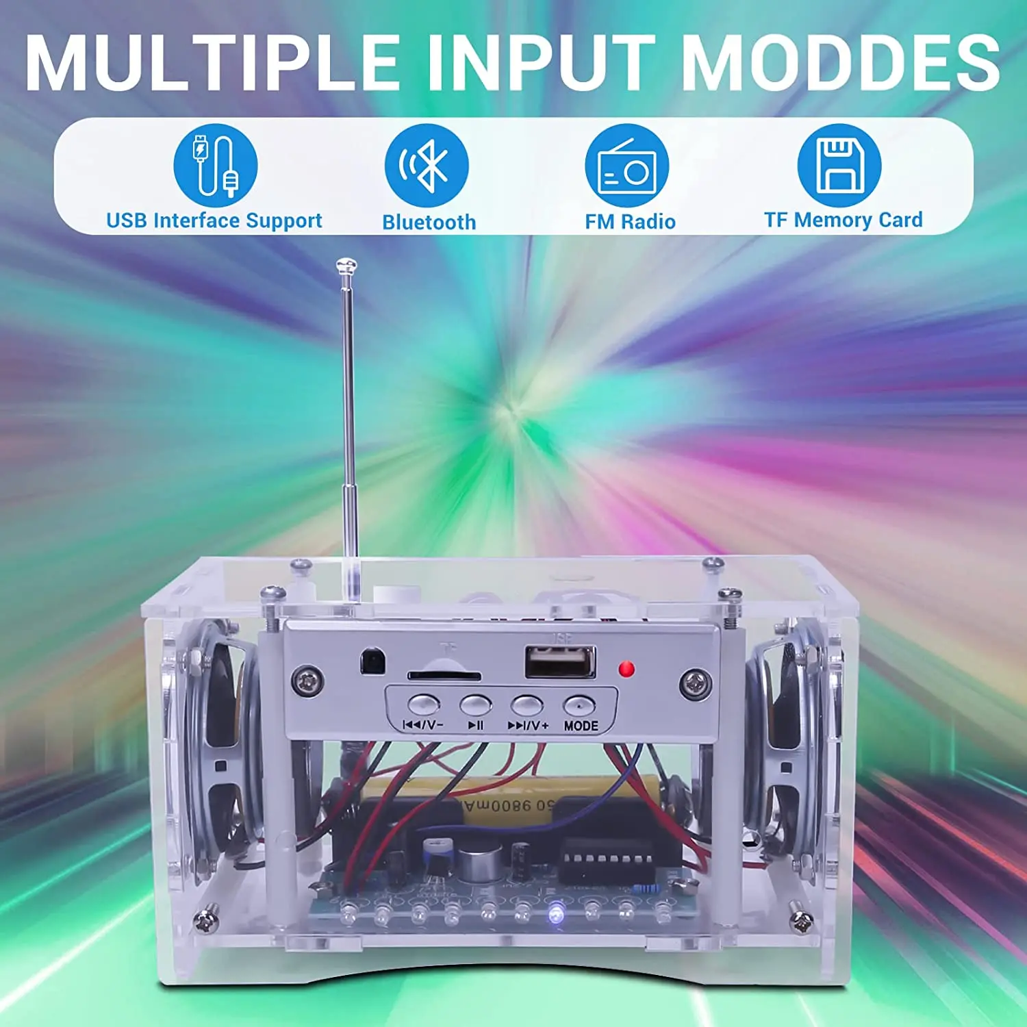 DIY Electronic Kit FM Radio Bluetooth-Compatible Speaker USB/TF Mode Outdoor Stereo Sound Amplifier LED Flashing Light Soldering