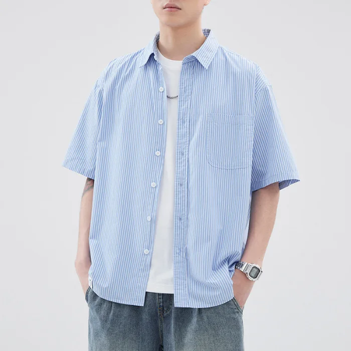 

High Quality Summer New Men's Retro Striped Short Sleeve Shirt Japanese Korean Fashion Loose Casual 100% Cotton Breathable Shirt