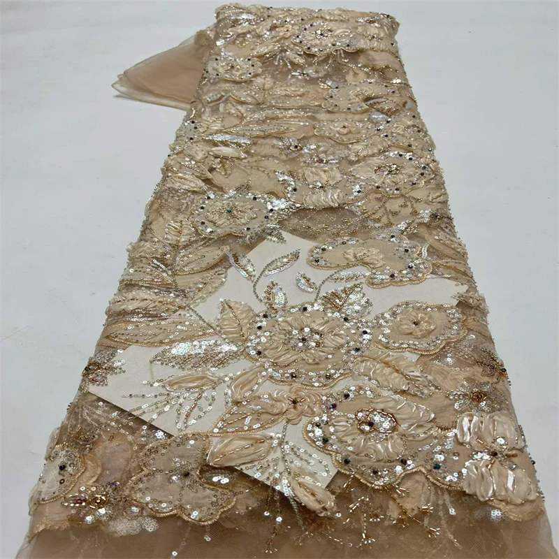 New 2026 pearl tube sequin three-dimensional plate flower embroidery fabric African applied lace fabric