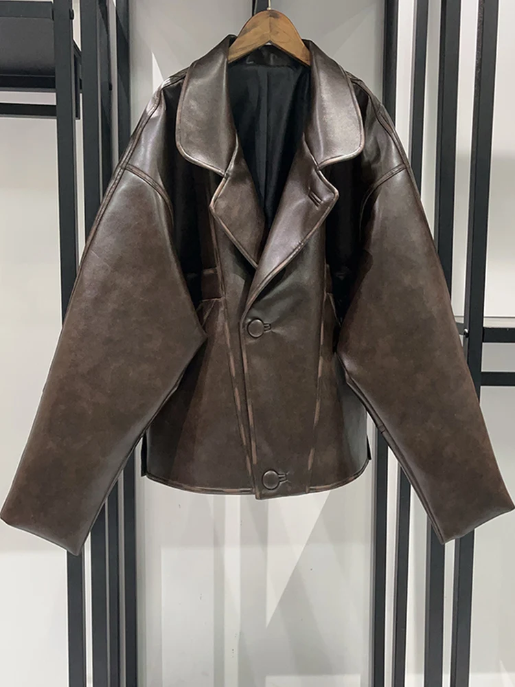 

Винтажное коричнево-желтое кожаное пальто с воротником-стойкой и длинными рукавами из вощеной кожи для женщин среднего возраста