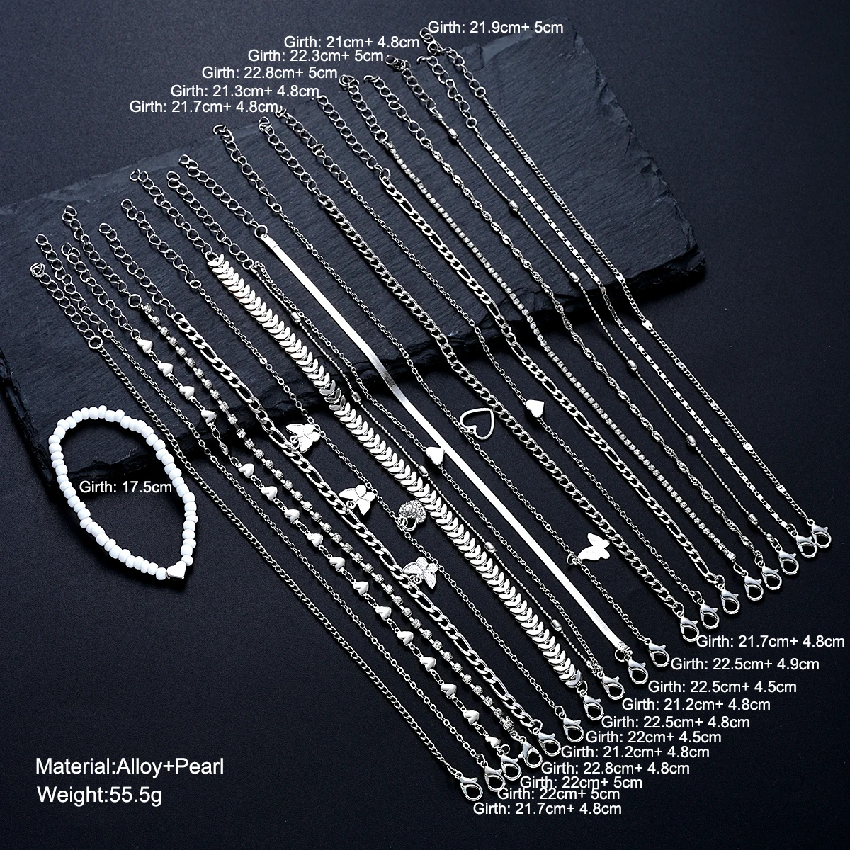 20 قطعة فضية اللون بوهو شيك فراشة حبة خلخال مجموعة للنساء تكويم كريستال القلب الخلخال الصيف الشاطئ مجوهرات الأزياء