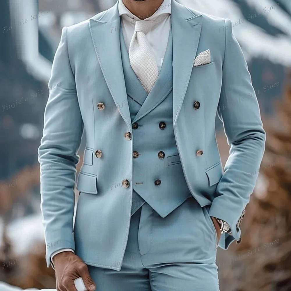 

Men Sky Blue Groom Groomsman Business Suit Wedding Party Special Occasions Male Tuxedo Jacket Pants Vest 3 Piece Set