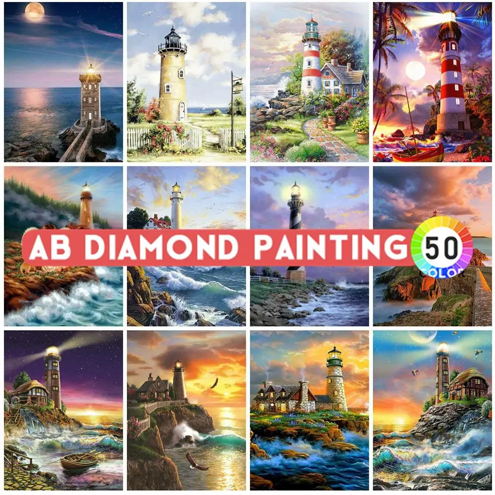 AB Drills Diamond Painting New Arrivals 5D Lighthouse Cross Stitch Art Embroidery Mosaic Sale Decor Wall Stickers Kit