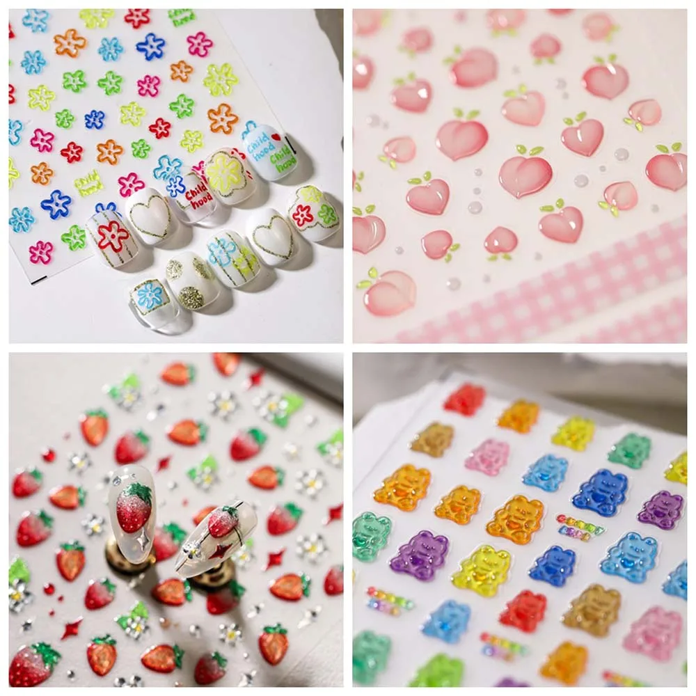 

Flowers Jelly Nail Stickers Honey Peach Cartoon Bear Jelly Bear Nail Decals Jelly Stickers Strawberry Jelly Nail Art Decoration