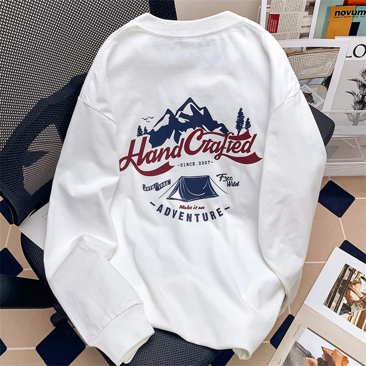 

Американская ретро-футболка унисекс из плотного чистого хлопка с длинным рукавом, свободного кроя, для весны и осени, в молодежном стиле, с круглым вырезом