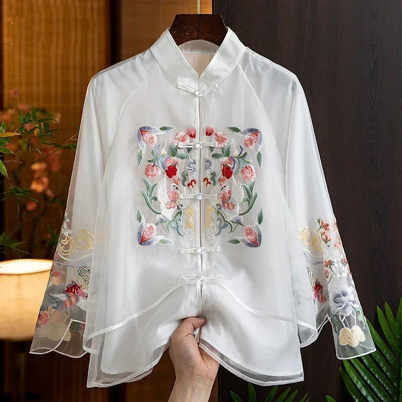 Retro Chinese Style Embroidered White Shirt for Women In Spring Elegant Traditional Tang Decoration Green White Top for Women