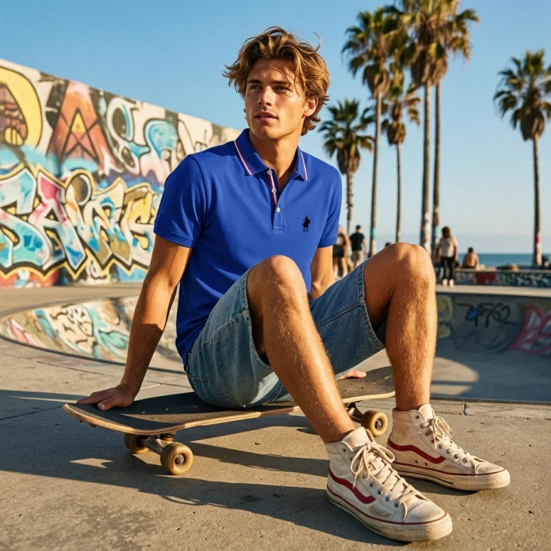 Herren Kurzarm-Poloshirt mit Emblem auf der linken Brust, mehrfarbigem Kragenbesatz, dreiknopfiger Knopfleiste, lässiges Business-Sommer-Oberteil T-Shirt – Detail 5