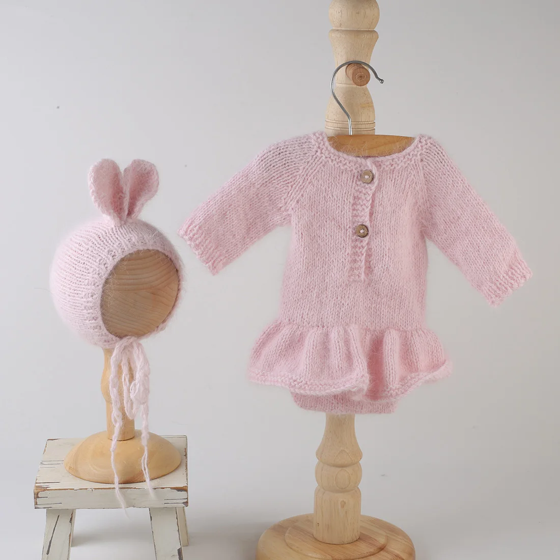 Newborn Knitted Rabbit Romper with Footed Baby Boy Stretch Outfit Photography Props Infant Girl Dress Photoshoot Costumes