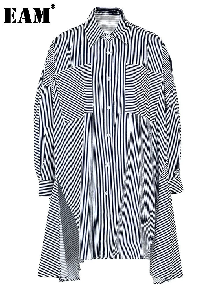 

[EAM] Women Blue Striped Big Size Irregular Blouse New Lapel Long Sleeve Loose Fit Shirt Fashion Spring Autumn 2024 CP196305