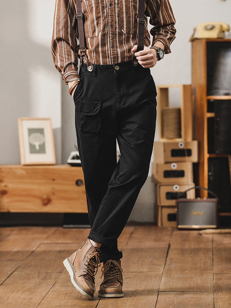 

Fall New Men's Casual Brit Cool Sle Elastic Trivia Pants Overall American Retro Workwear Belted Trousers Straight Leg Fit