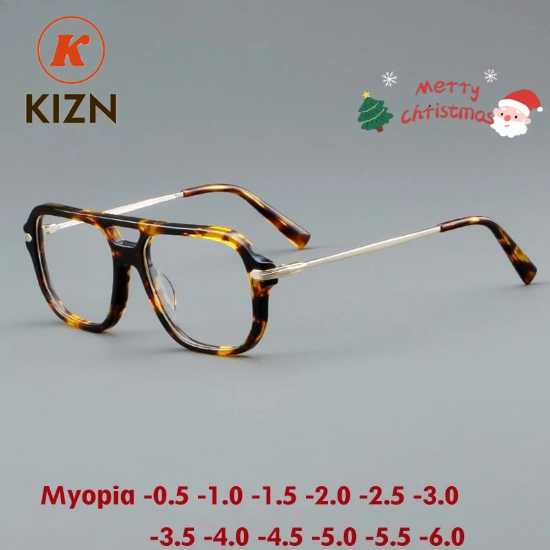 KIZN 레트로 패션 하프 프레임 남성 여성 라운드 아세테이트 근시 안경 프레임 고급 광학 안경 비즈니스 -0.50 ~ -6.0