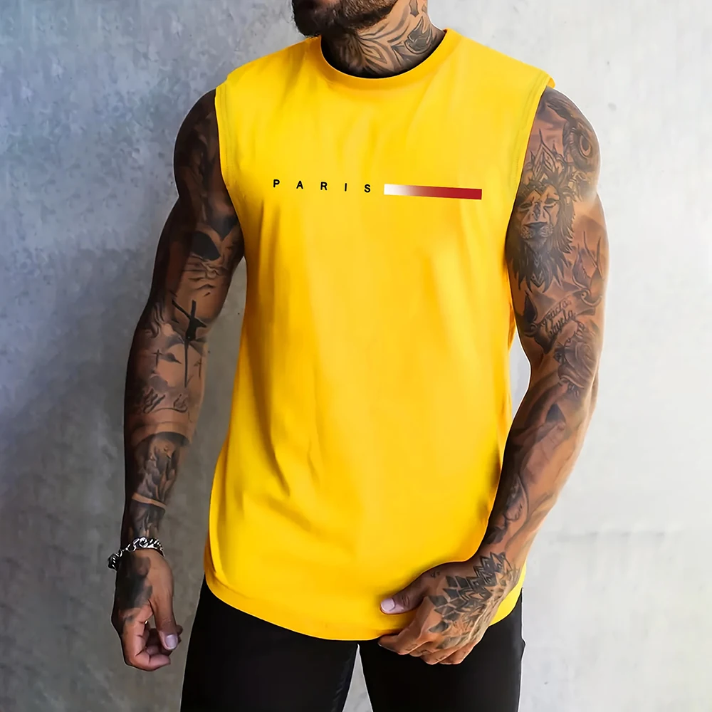 Summer Men\'s Sleeveless T-Shirt Fashion Paris Print Tank Top Casual Outdoor Gym Vest Clothing New Man O Neck Pullover Sportswear