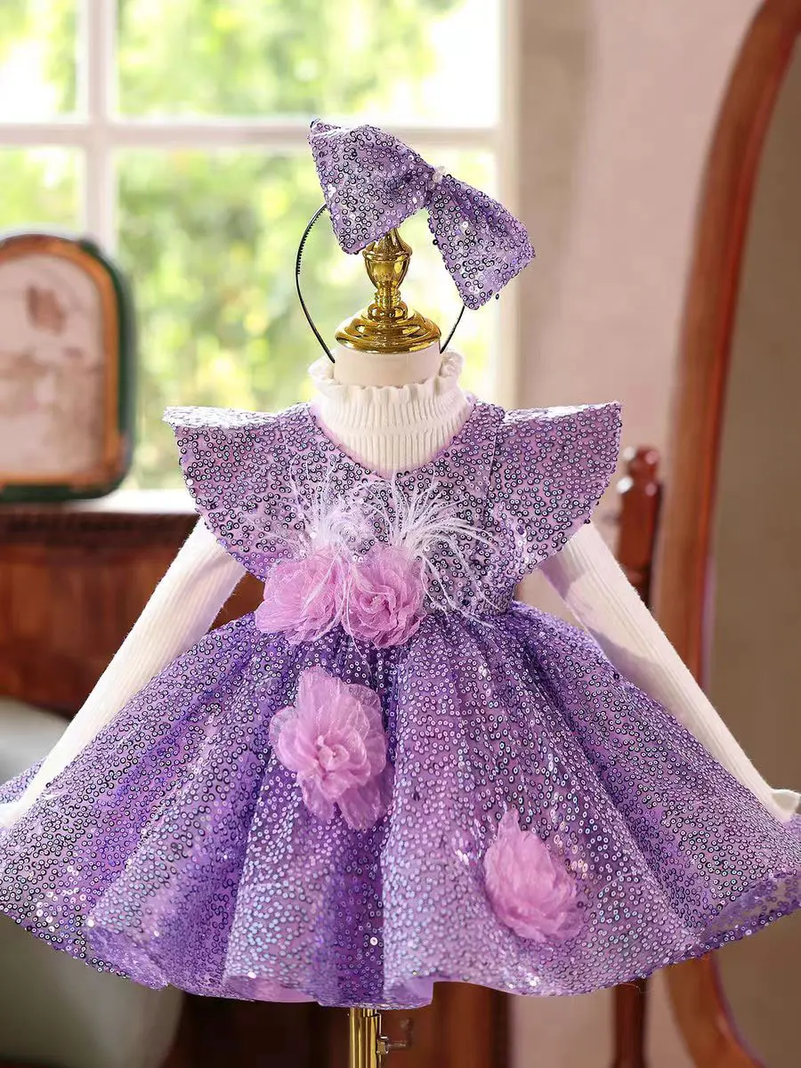 Jill Wish J598 Abito da ragazza di fiore viola Fiori fatti a mano Piume Lunghezza al ginocchio Principessa Bambini Matrimonio Compleanno Festa Abito formale